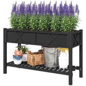 Raised Garden Bed, 47 x 22 x 31.5in Elevated Wood Planter Box with Storage Shelf, Drainage Holes and Liner, Black