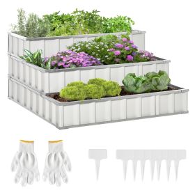 47x47x25 3 Tier Metal Elevated Planter Box Kit Raised Garden Bed with Gloves for Backyard White for Vegetables Herbs