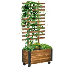 Wooden Elevated Flower Bed with Trellis, Metal Corners, Wheels, for Patio, Backyard, Deck