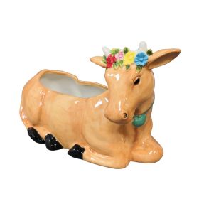 Brown Cow Planter, Stoneware, 6 Inch Opening