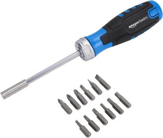 Basics 12 Piece Ratcheting Magnetic Screwdriver Set with Multiple Bits, Black, Blue, Silver