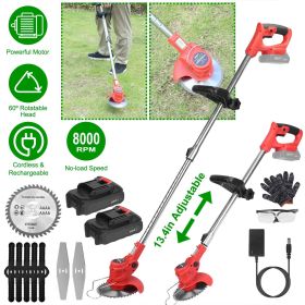 Electric Cordless Grass Trimmer Rechargeable Lawn Mower Weed Cutter with 2 Alloy Saw Blades 2 Alloy Blades 10 Plastic Blades 2 Rechargeable Batte
