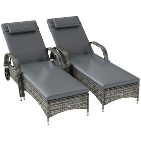 2 Reclining Chaise Lounge Chairs, Rolling Outdoor Chairs With Cushion, Pillow, Headrest, Armrests, And Wheels, Gray (Option: Gray)