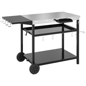 Outdoor Bar Cart Grill Table With Stainless Steel Tabletop, Wheeled Outdoor Serving Cart Prep Table With Storage, Hooks (Option: Black)