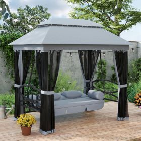 3-Seat Patio Swing Chair, Outdoor Gazebo Swing With Double Tier Canopy, Mesh Sidewalls, Cushioned Seat And Pillows, Gray (Option: Gray)